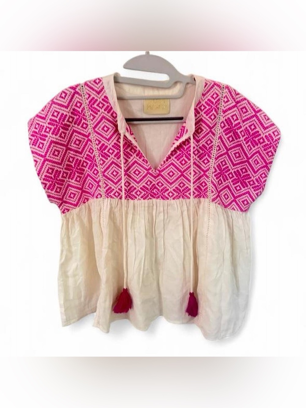 Judith March Anthropologie Embroidered Hot Pink Babydoll Boho Top Medium